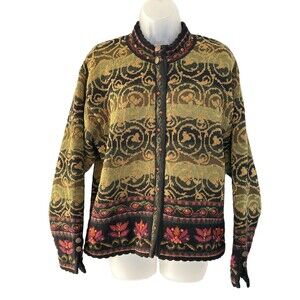 Vintage Icelandic Design Lined Sweater Jacket Large Wool Floral Abstract Zip Up